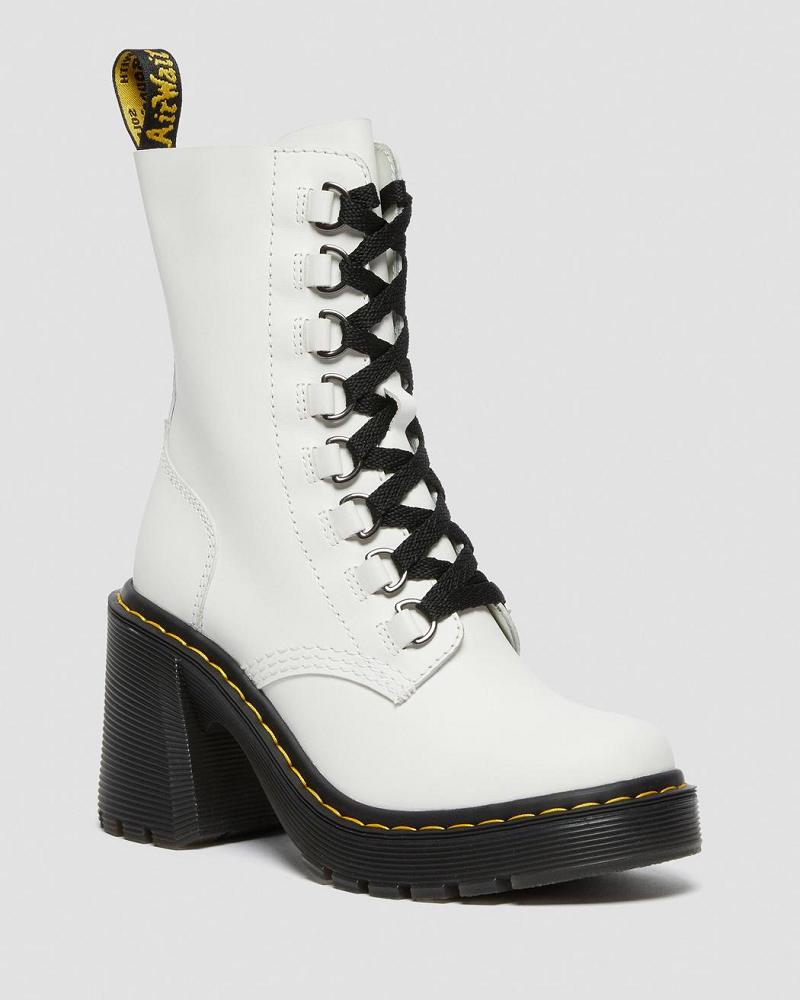 White Women\'s Dr Martens Chesney Leather Flared Heel Heeled Boots | CA 137YXF